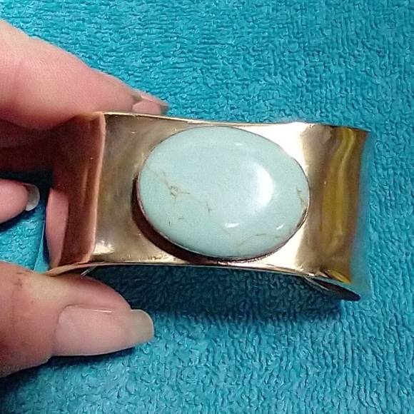 Gold Worn Down To Silver Cuff Bracelet with Faux Turquoise Stone Large Vintage - Picture 1 of 7